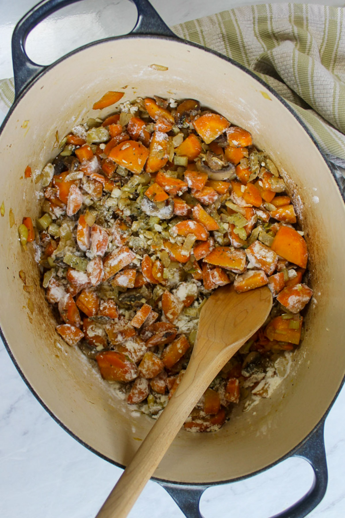 Sauteing veggies and adding flour as the thickener for wild rice soup.