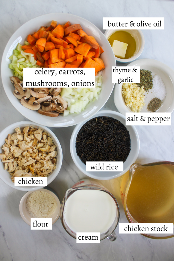 Labeled ingredients for Chicken Wild Rice Soup.