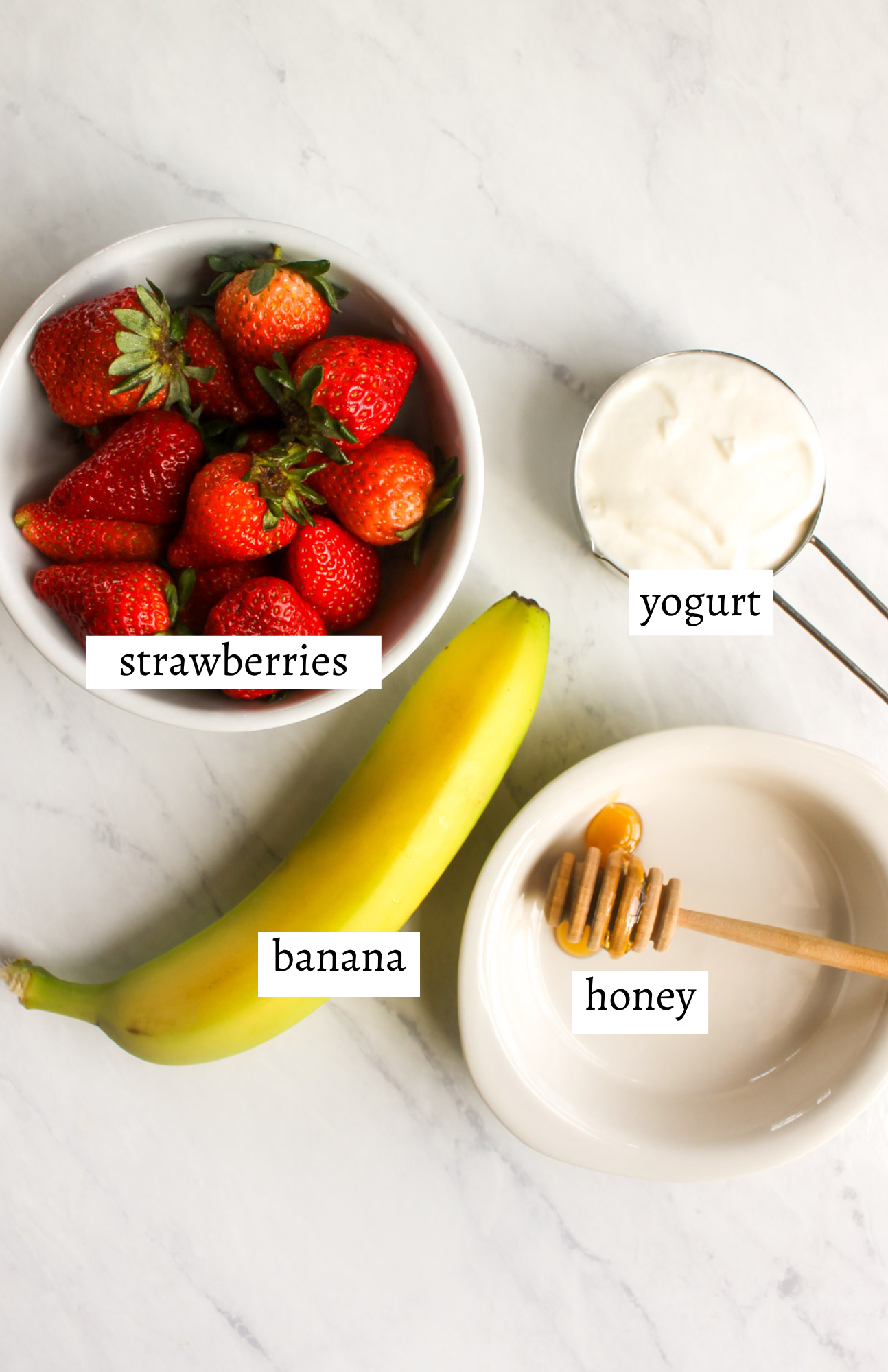 Labeled ingredients for Strawberry Banana Yogurt Popsicles.
