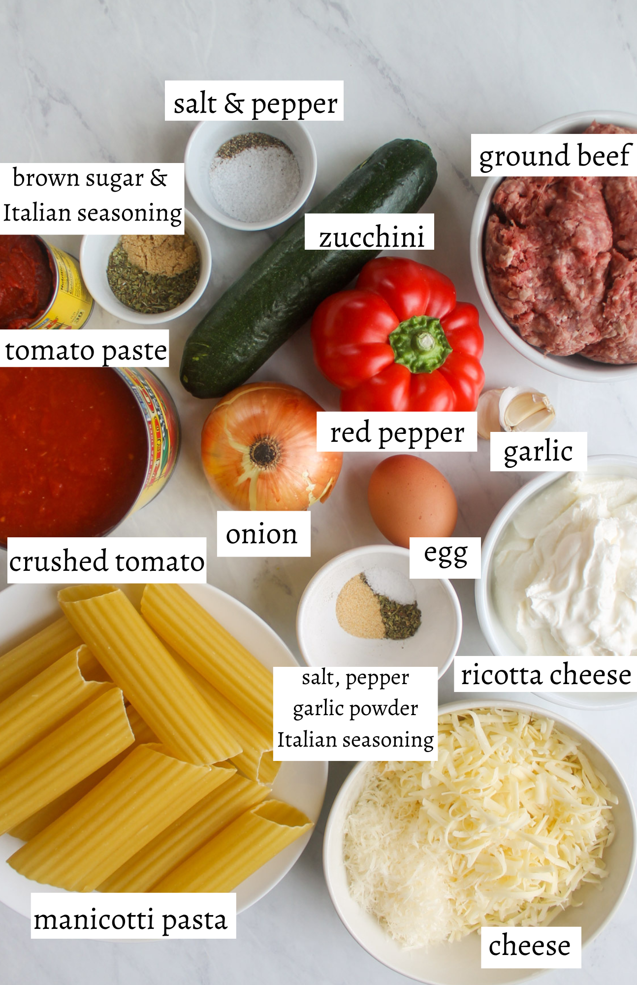 Labeled ingredients for Veggie Manicotti with Meat Sauce.
