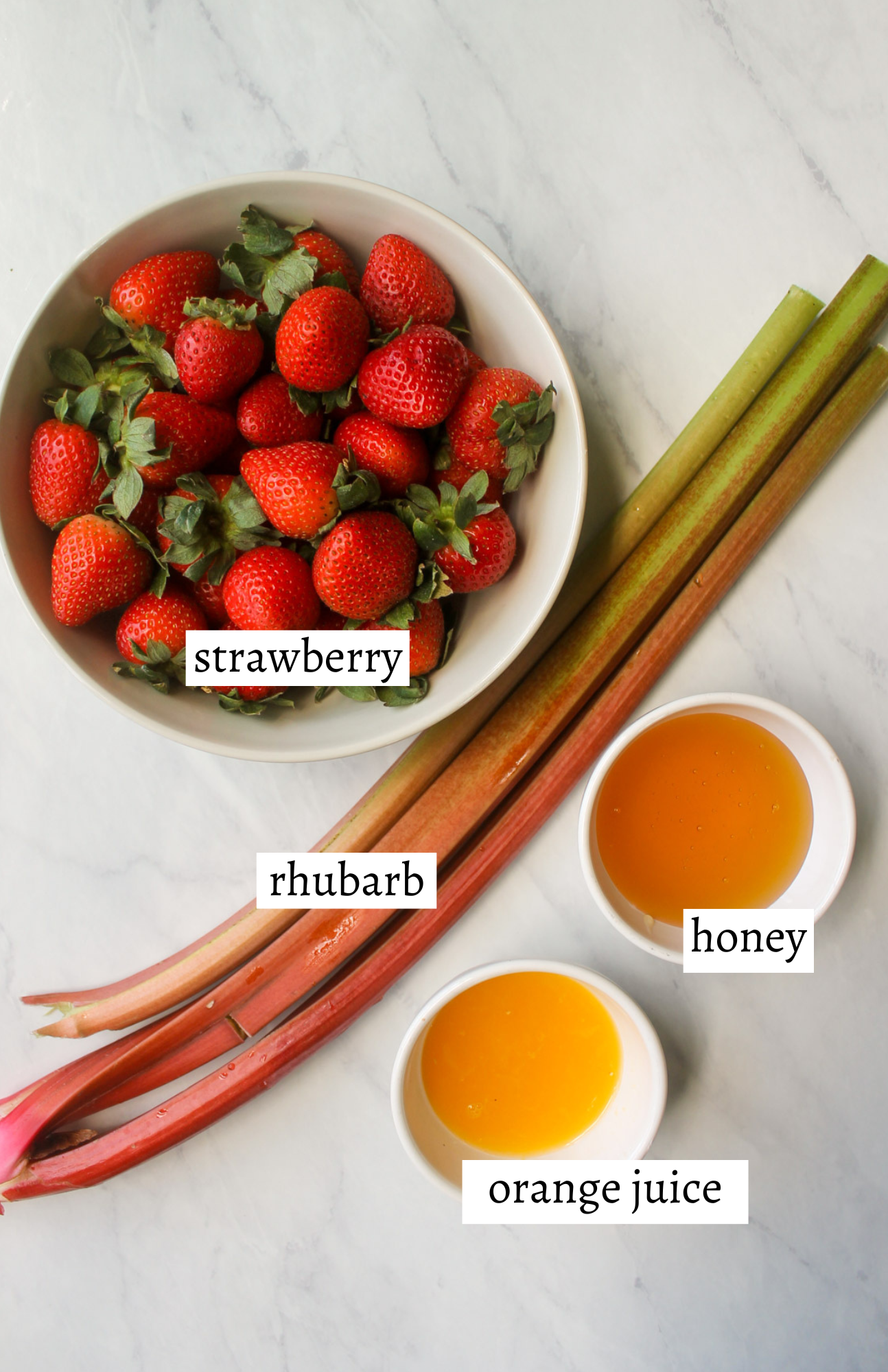 Labeled ingredients for Strawberry Rhubarb Sauce.
