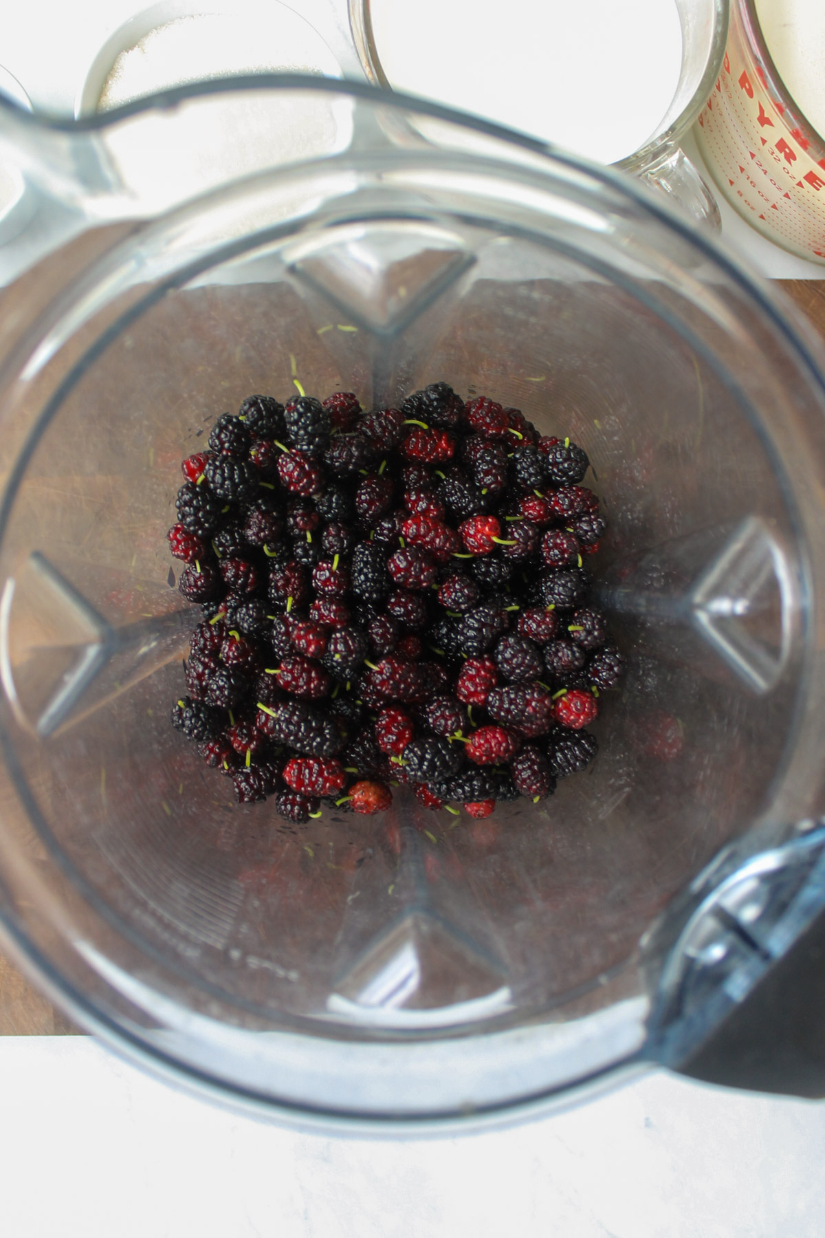 Fresh mulberries in a blender.