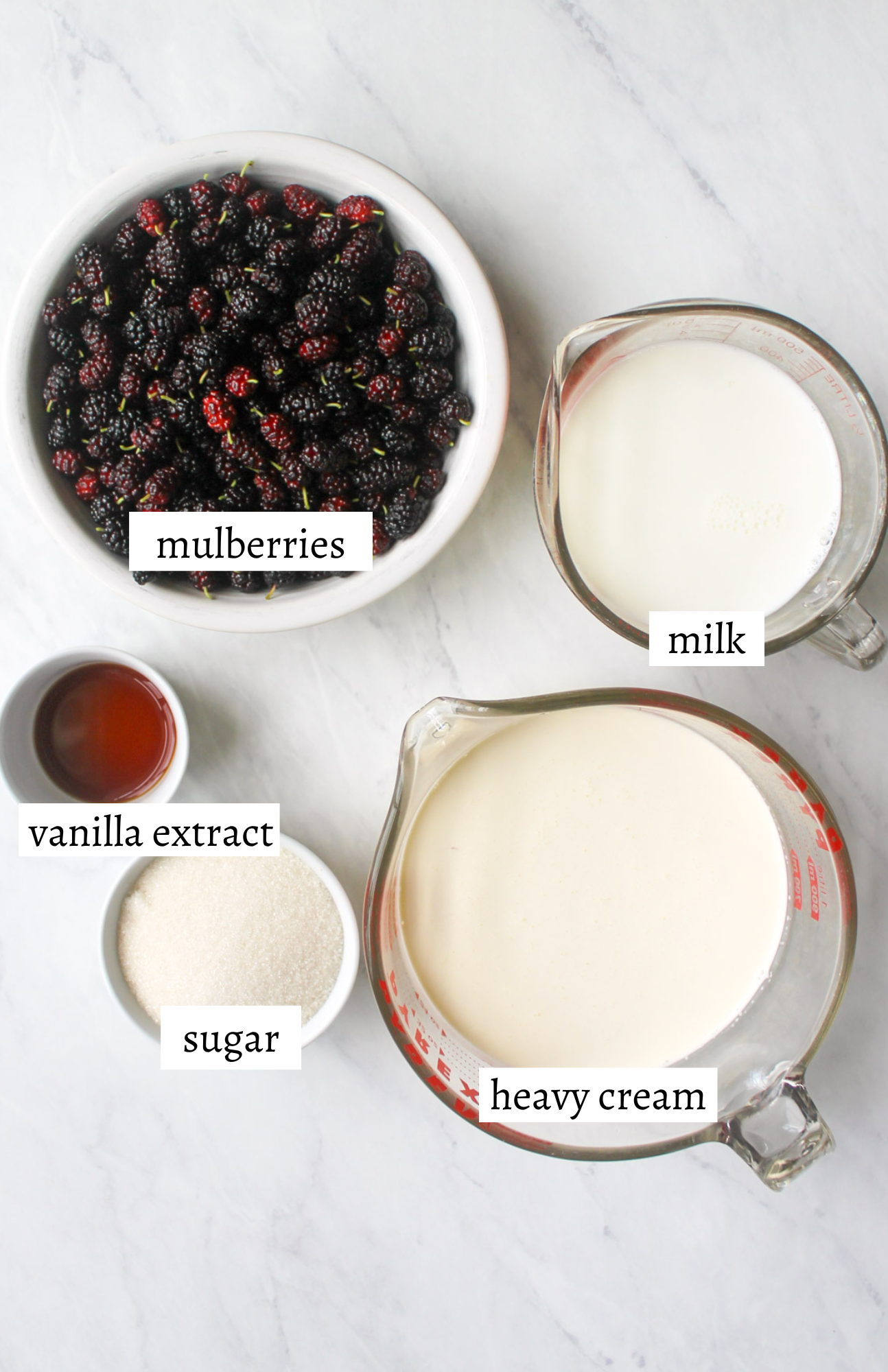 Labeled ingredients for Mulberry Ice Cream.