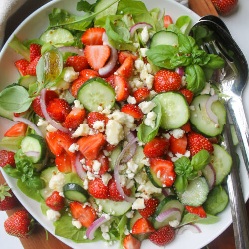 Strawberry Cucumber Salad with red onion and feta cheese.