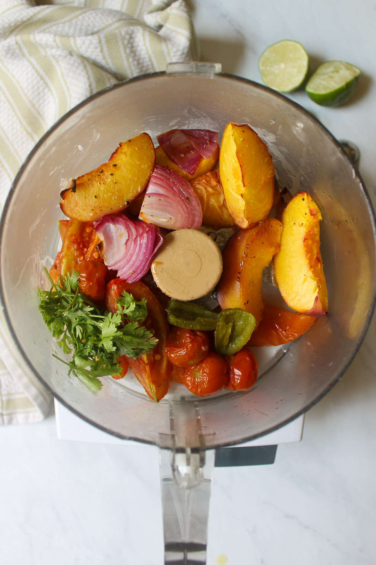 Roasted tomato, peach and onion in a food processor with cilantrol.