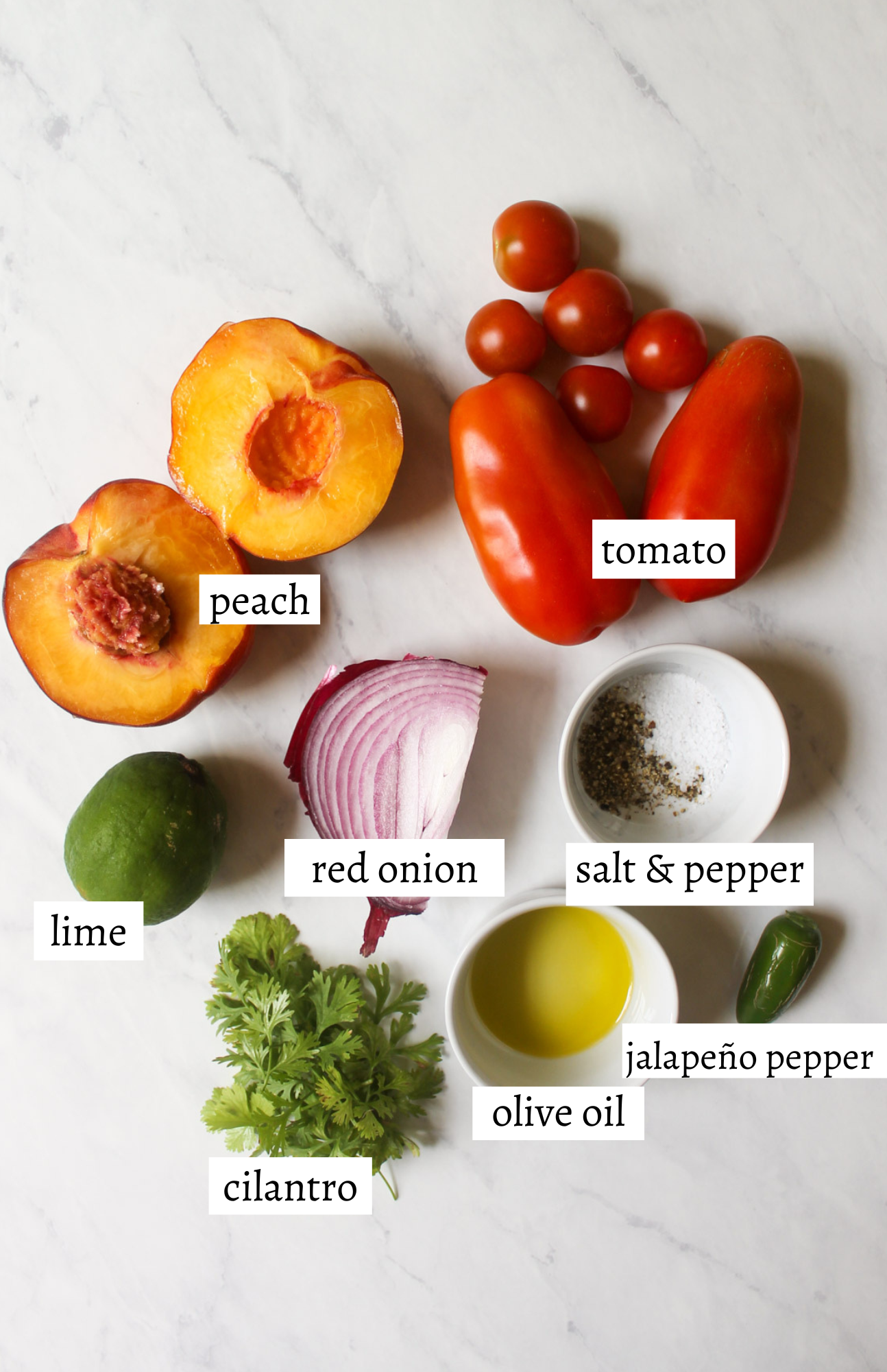 Labeled ingredients for Roasted Peach Tomato Salsa.