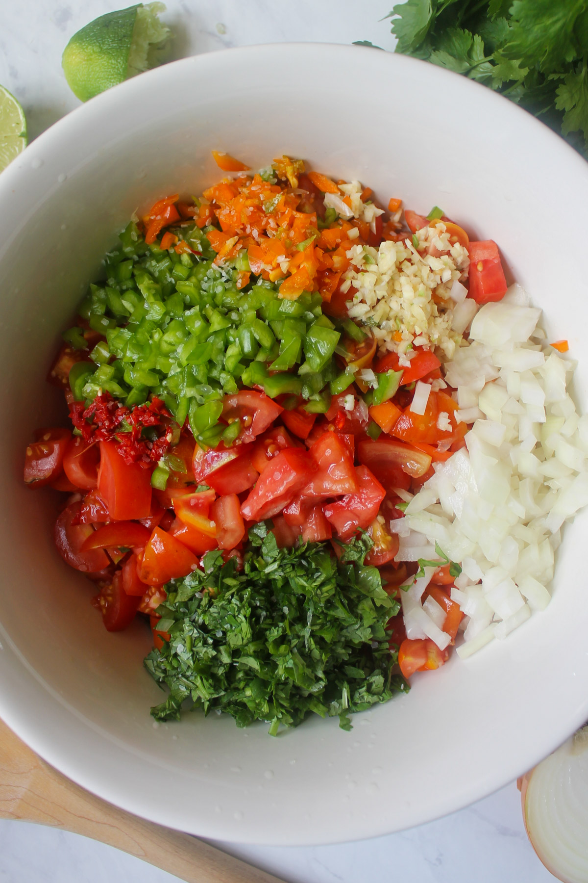 A bowl of chopped tomatoes, onion, peppers and cilantro for salsa.