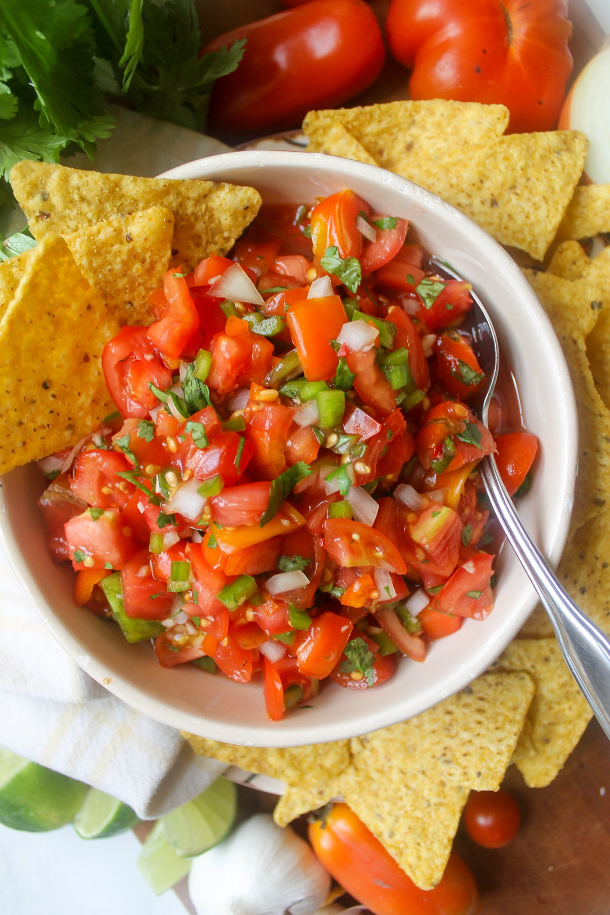 A bowl of garden fresh salsa with tortilla chips.