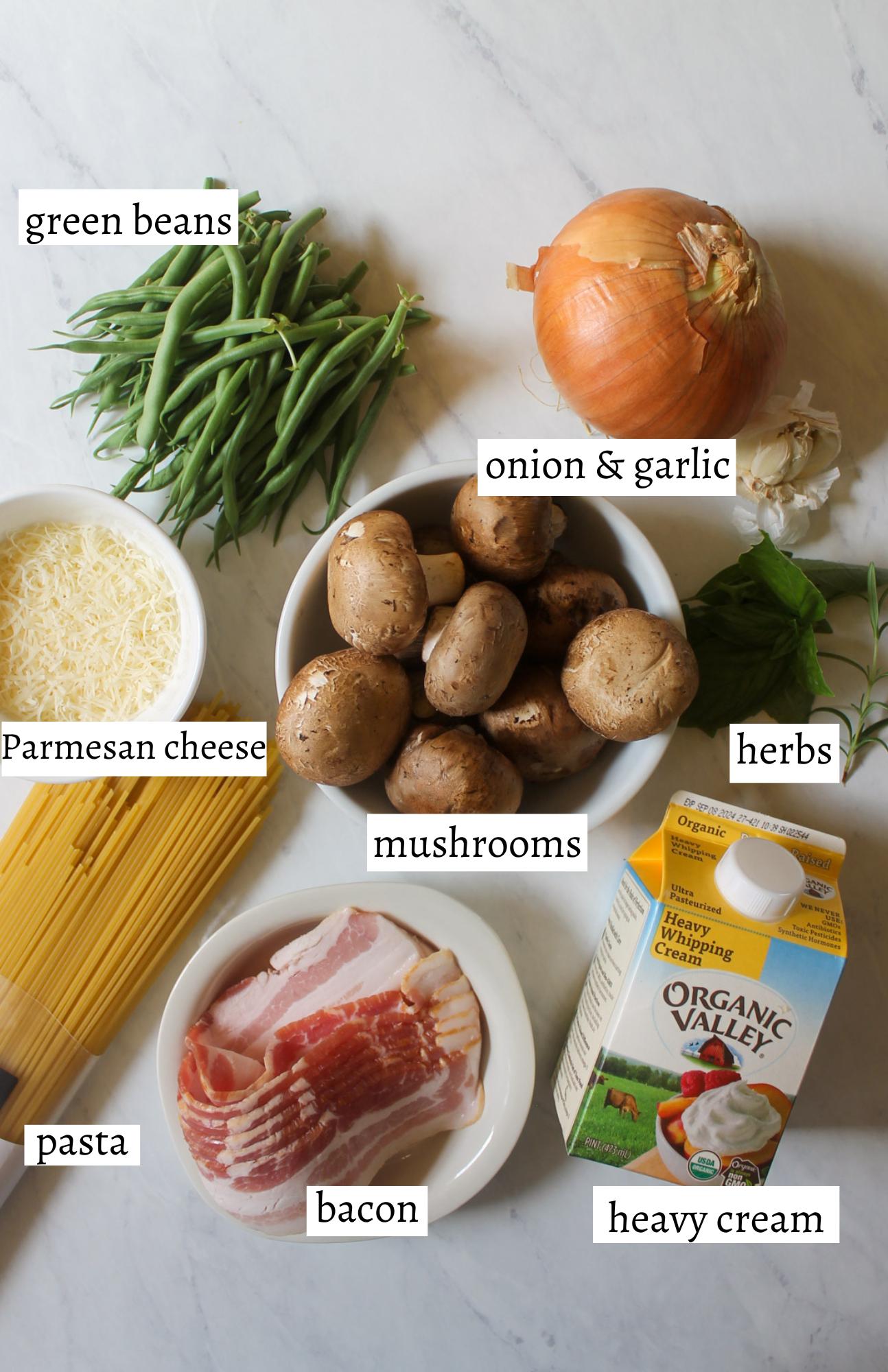 Labeled ingredients for Bacon Mushroom Green Bean Pasta.