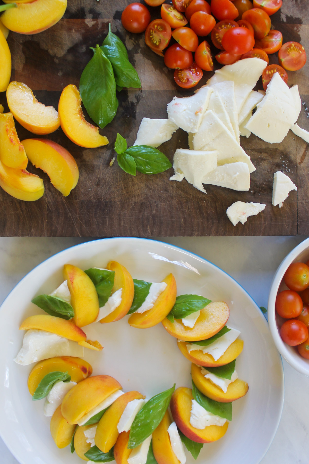 Arranging peach slices, mozzarella cheese and basil leaves in a circle on a plate.