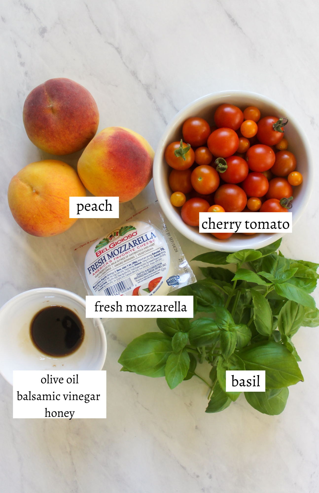 Labeled ingredients for Peach Caprese Salad.