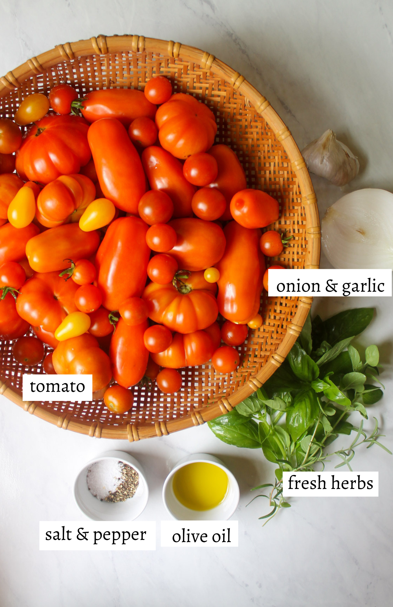 Labeled ingredients for garden tomato pizza sauce.