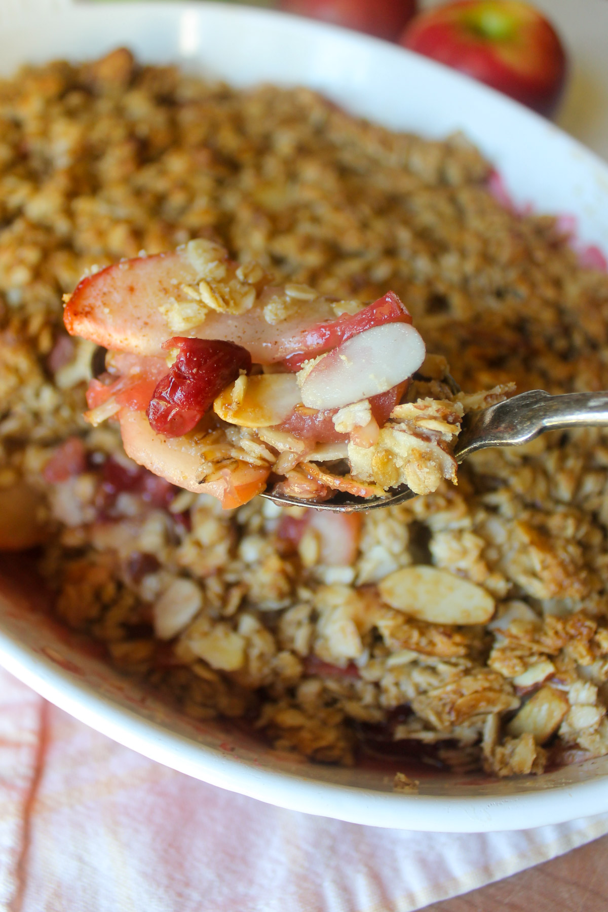 A spoonful of apple cherry crisp with sliced almonds.