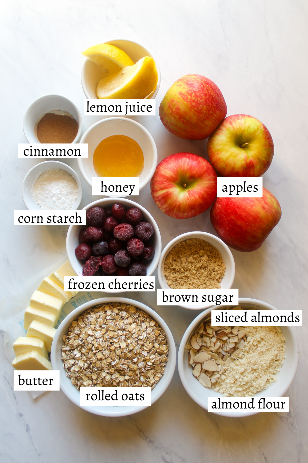 Labeled ingredients for Apple Cherry Crisp.