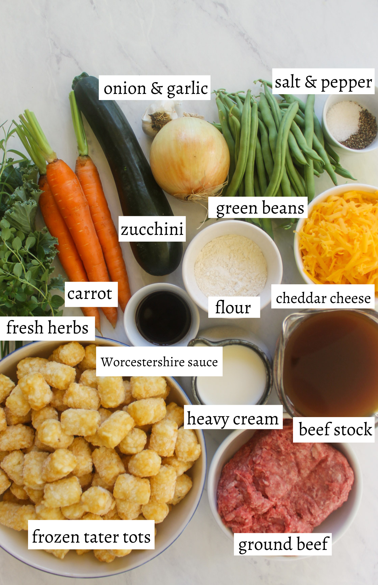 Labeled ingredients for Tater Tot Casserole.