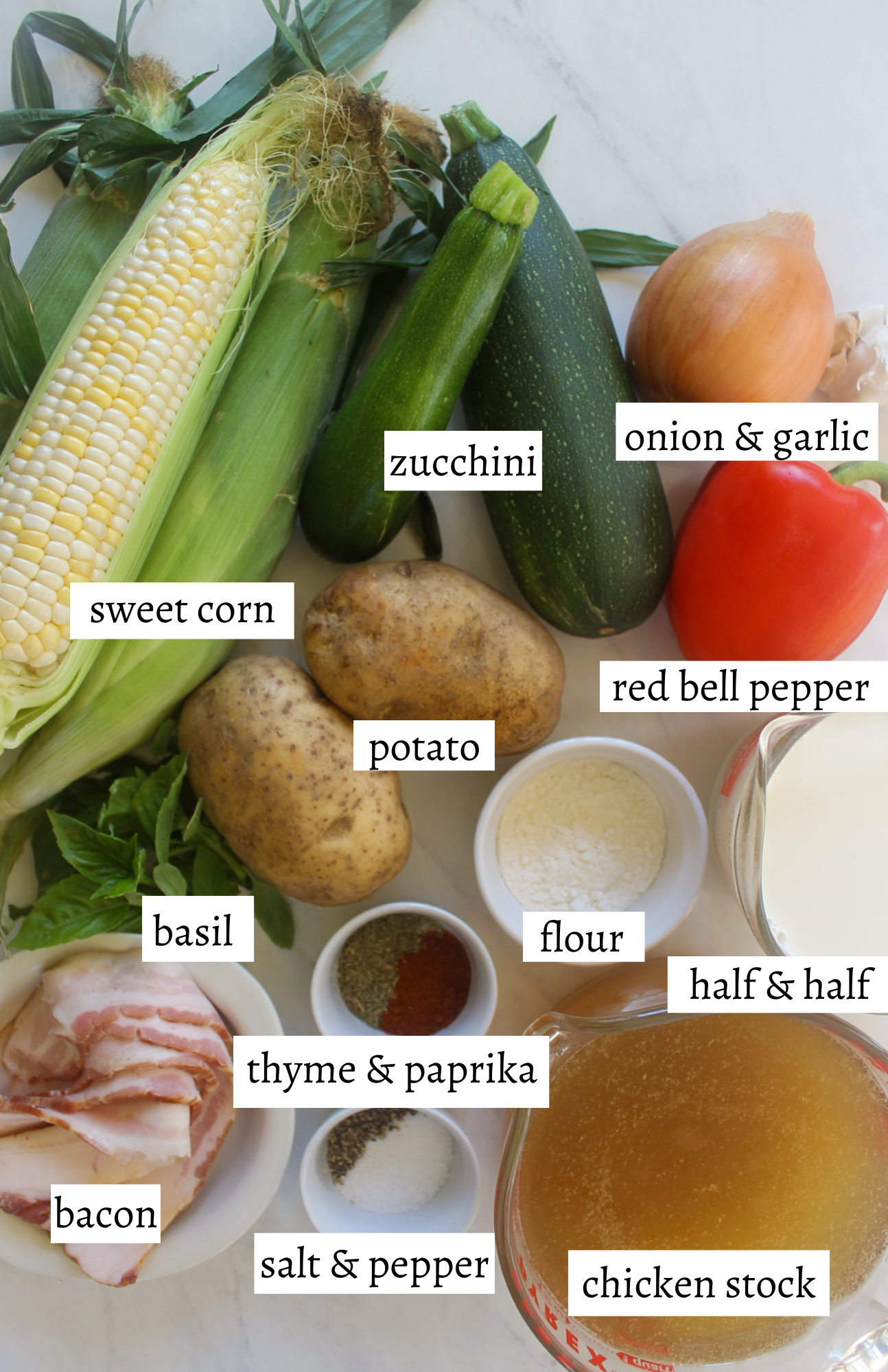 Labeled ingredients for Zucchini Corn Chowder.