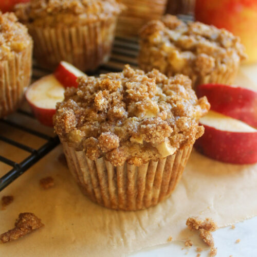 Apple banana muffin with apple slices.