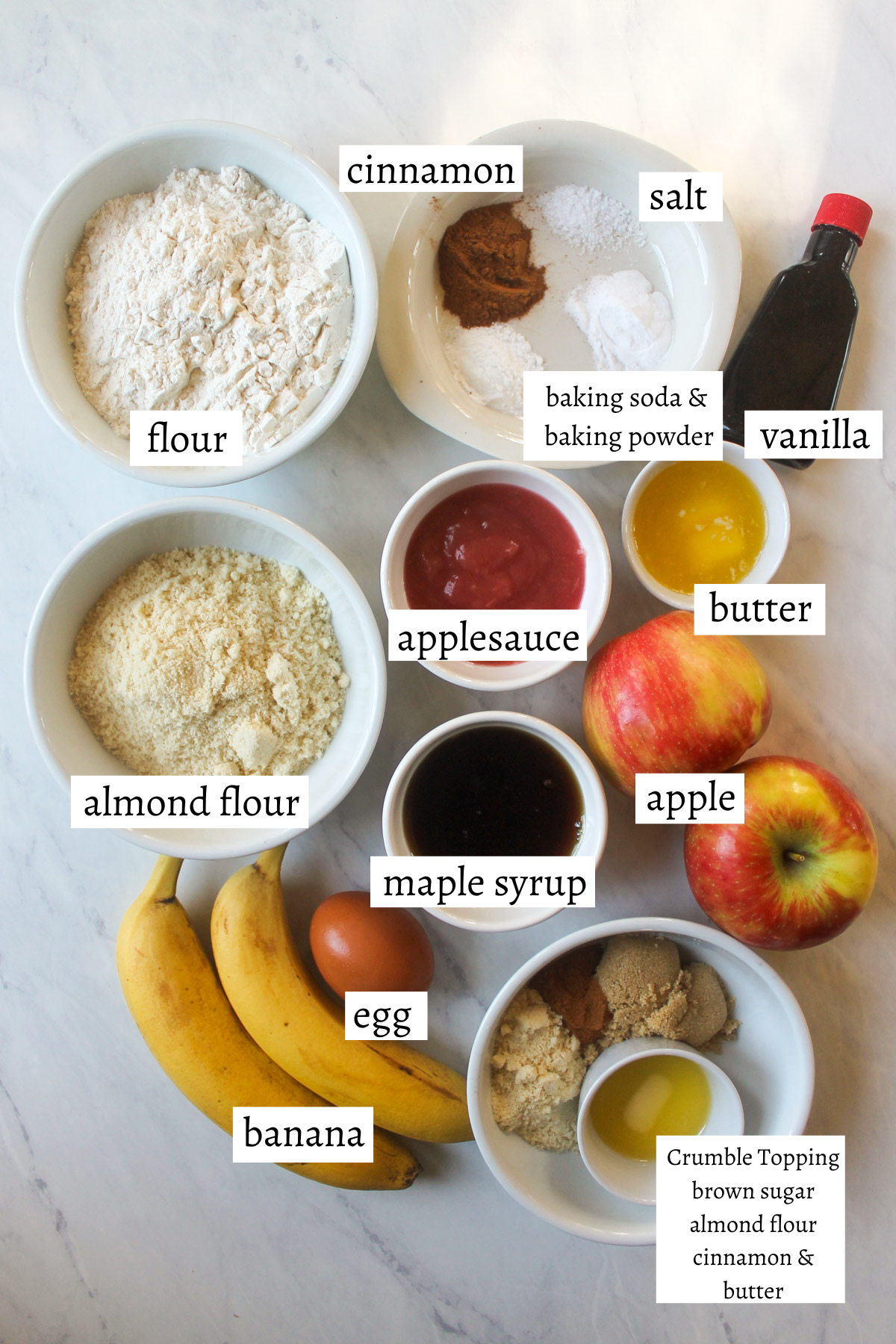 Labeled ingredients for Apple Banana Bread Muffins.