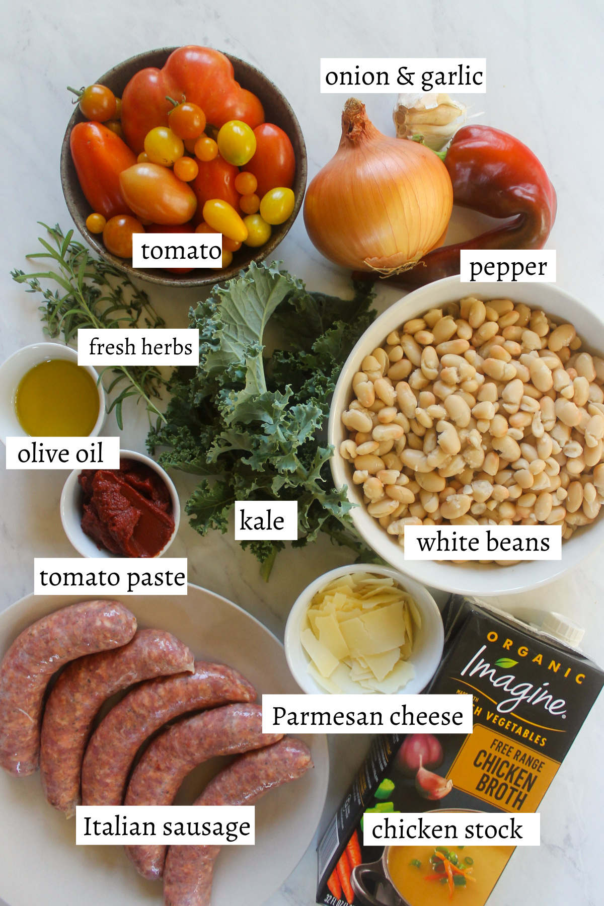 Labeled Ingredients for Sausage White Bean Cassoulet.