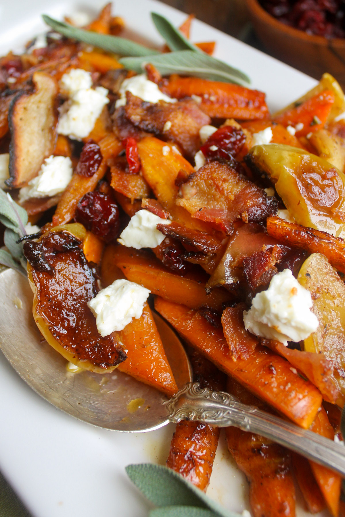 Roasted apples, carrots, and bacon with feta and craisins.