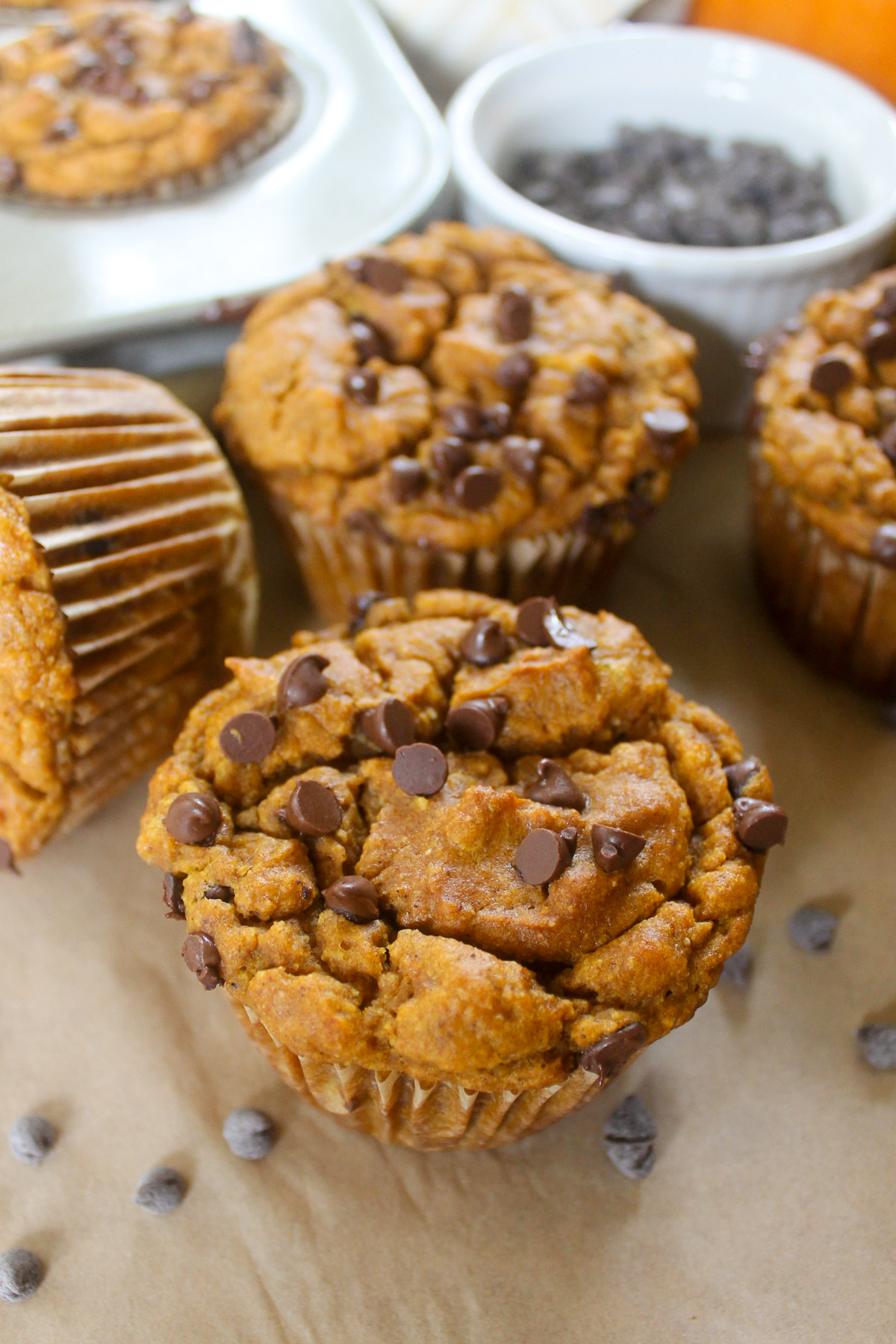 Pumpkin Banana Bread Muffins with Mini Chocolate Chips.