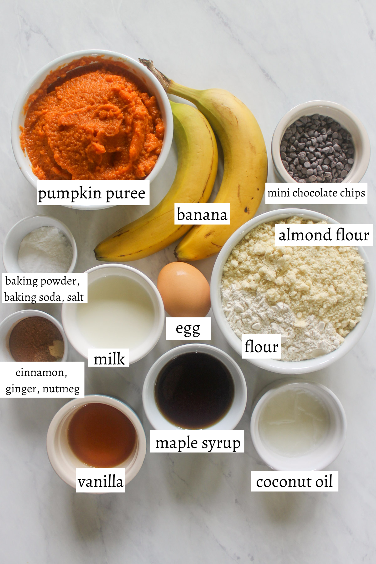 Labeled ingredients for Pumpkin Banana Bread Muffins.