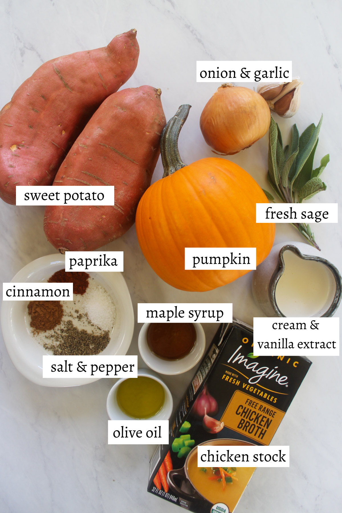 Labeled ingredients for Pumpkin Sweet Potato Soup.