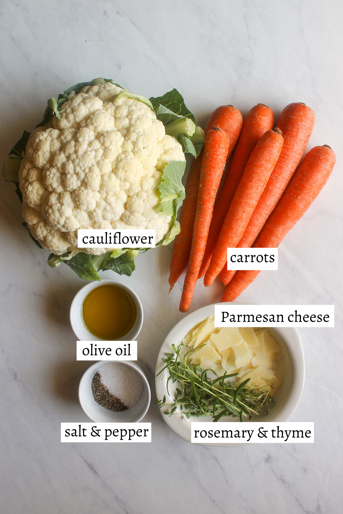 Labeled ingredients for roasted carrots and cauliflower.