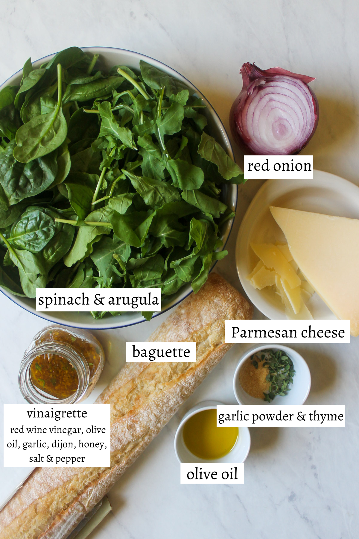 Labeled ingredients for Spinach Arugula Salad.