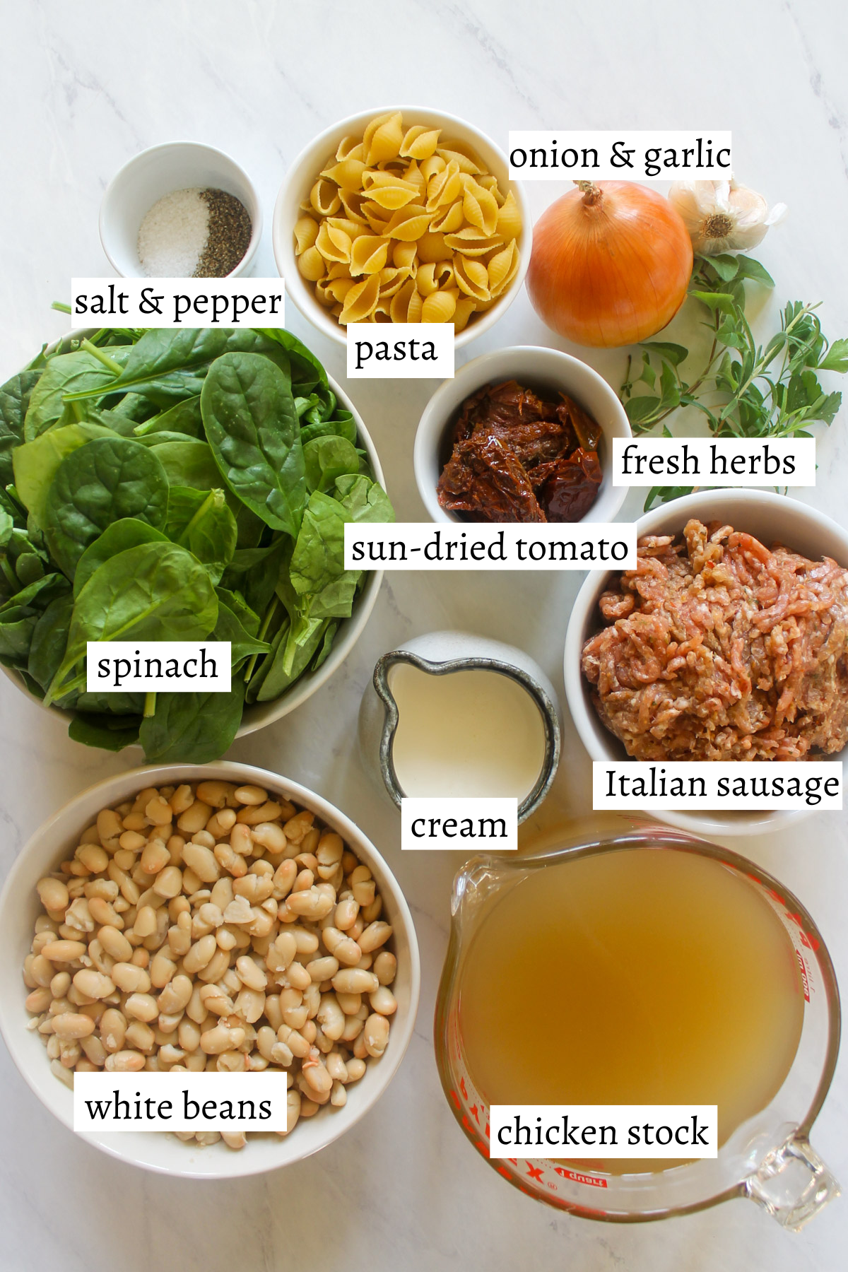 Labeled ingredients for Tuscan White Bean Sausage Soup.