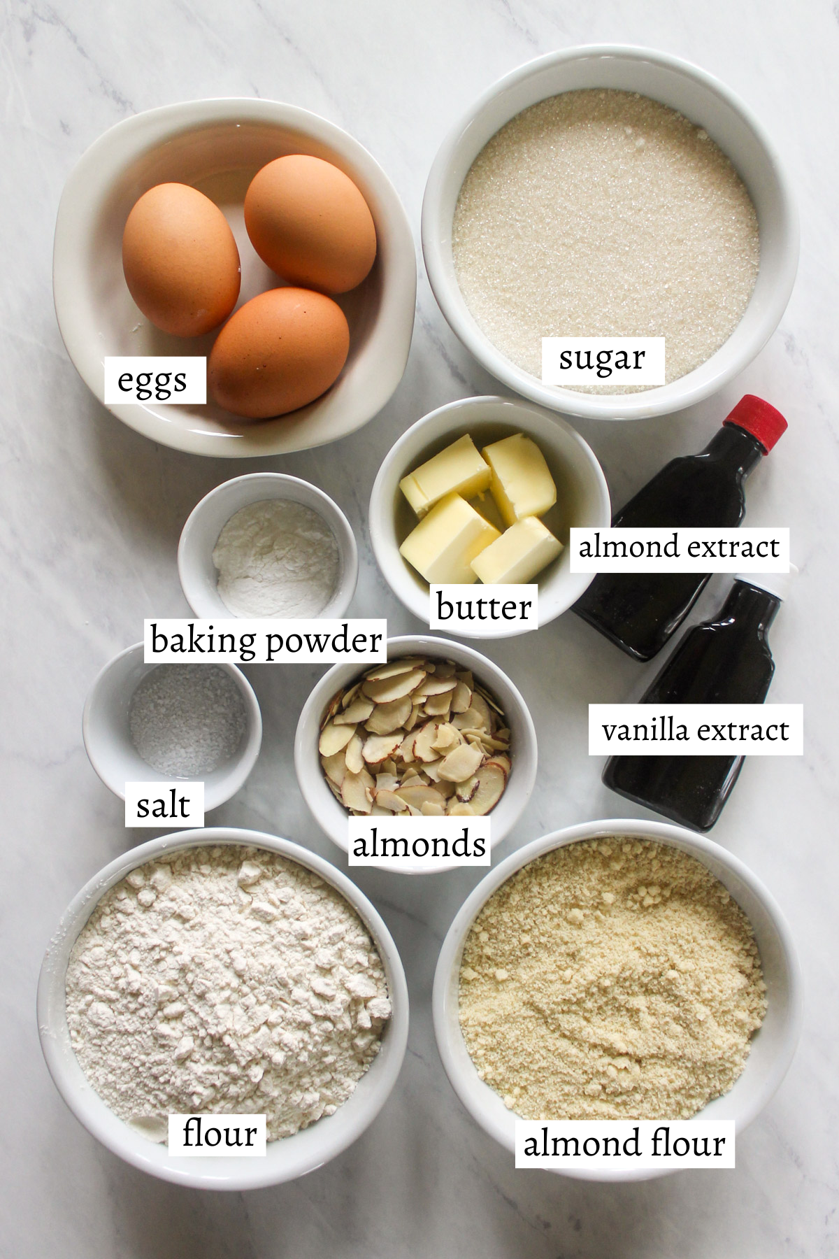 Labeled ingredients for Almond Biscotti.