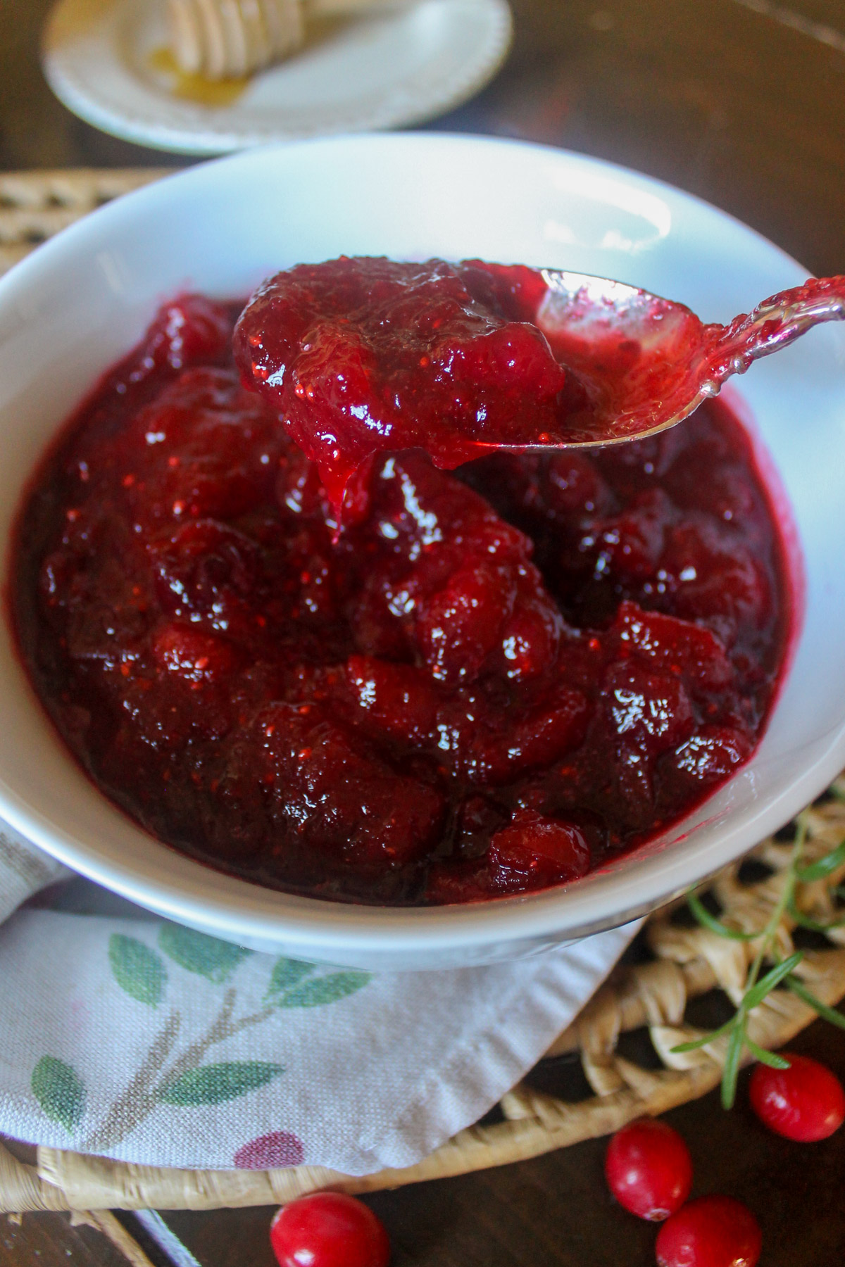 A spoonful of red cranberry sauce over a bowl.