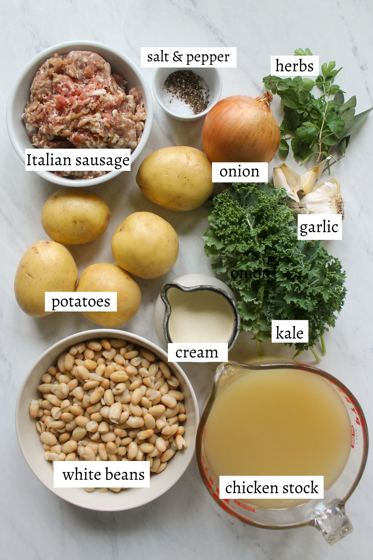 Labeled ingredients for Sausage Potato Soup with Kale.