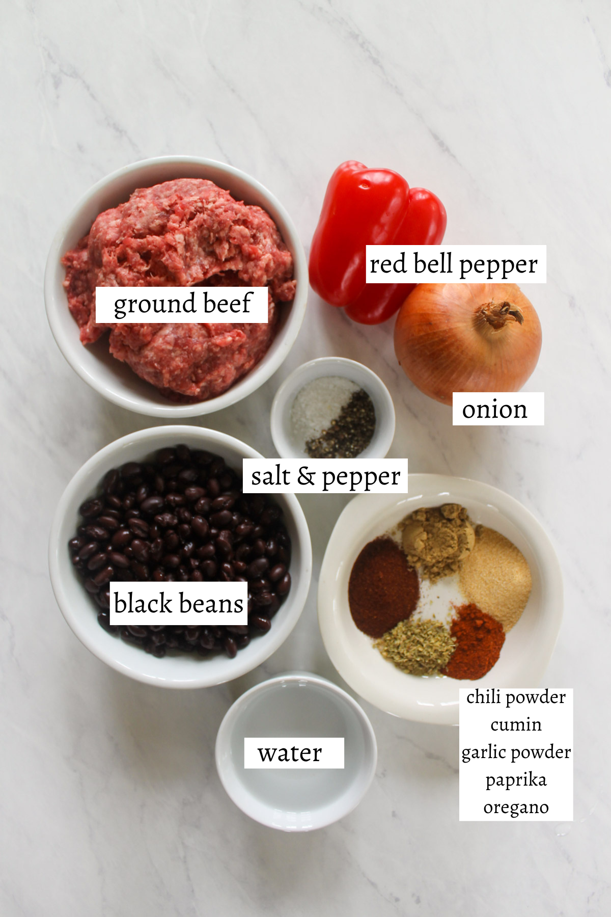 Labeled ingredients for Ground Beef Fajita Tacos.