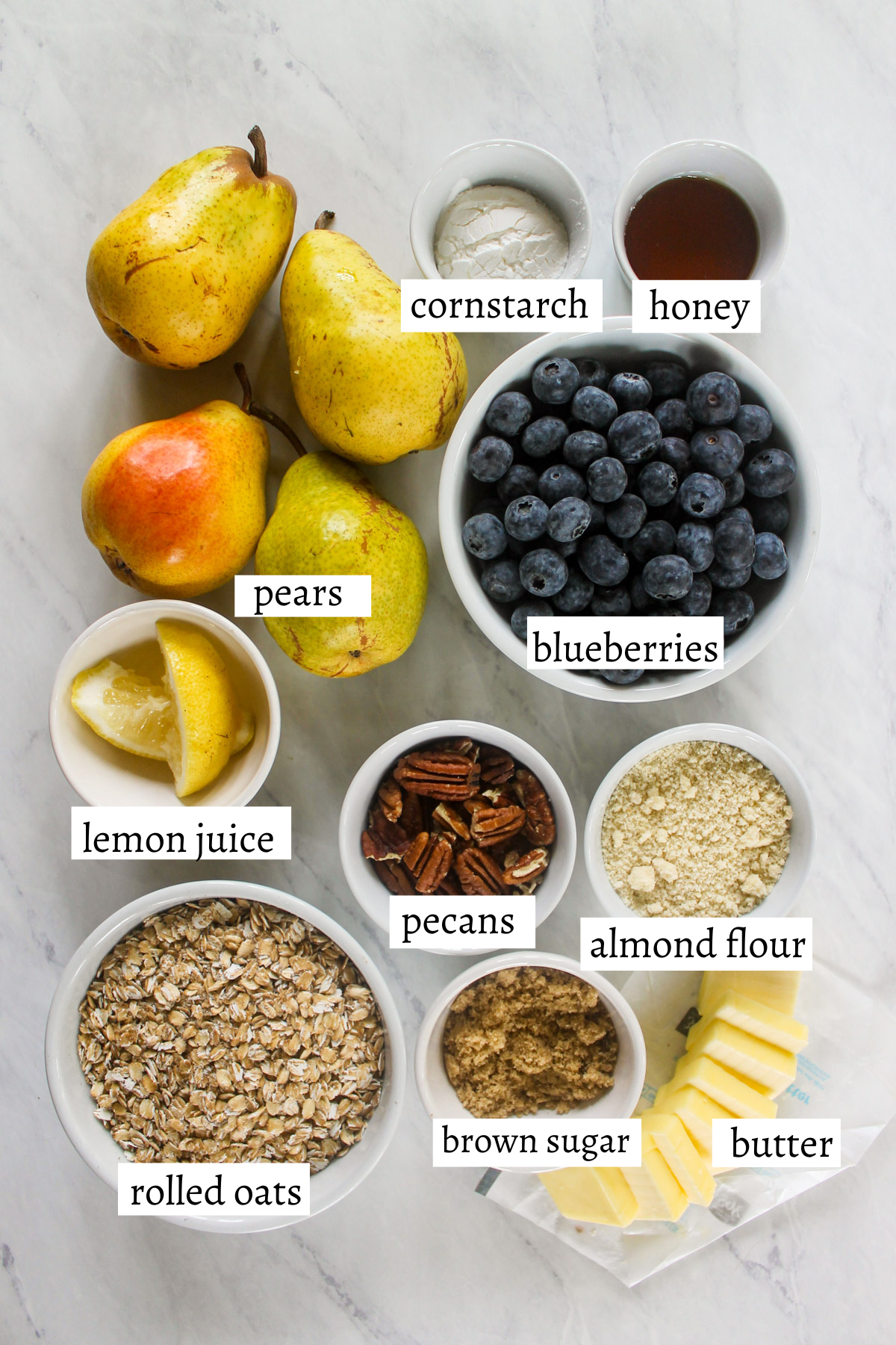 Ingredients for Pear Blueberry Crisp.