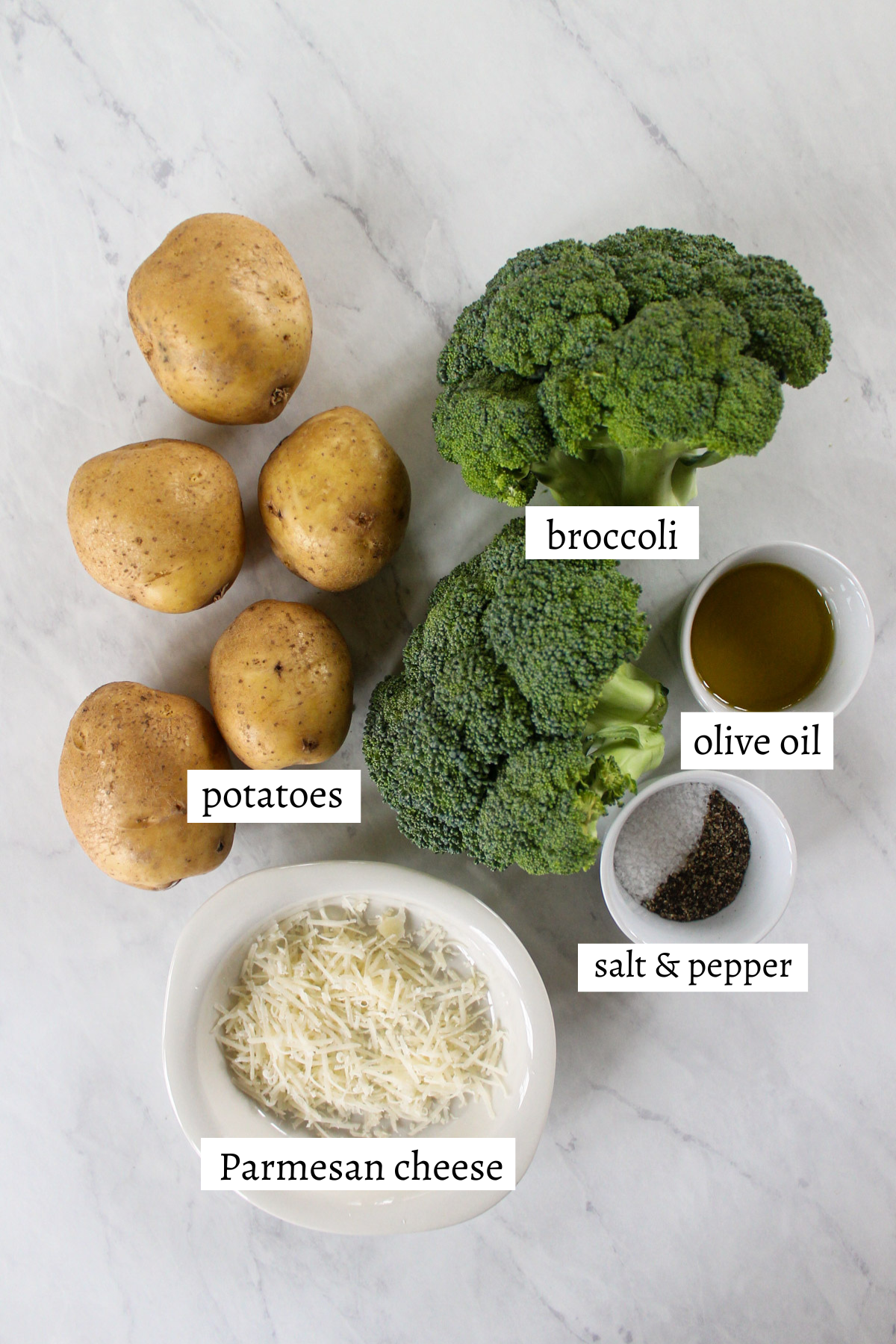 Labeled ingredients for Roasted Potatoes with Broccoli.