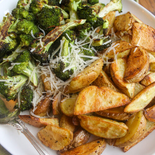 Roasted broccoli and potatoes with Parmesan cheese.