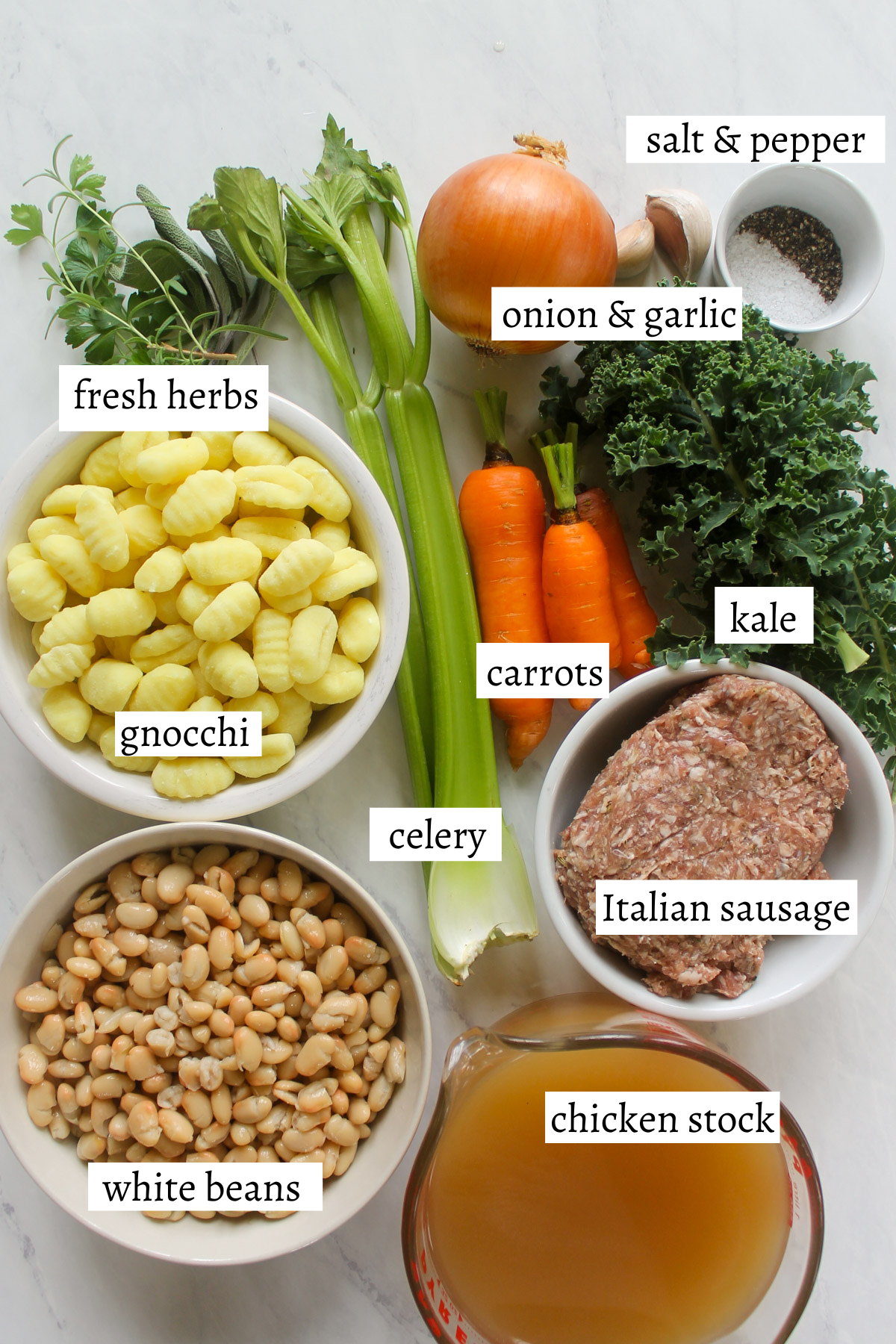 Labeled ingredients for Sausage Gnocchi Soup.