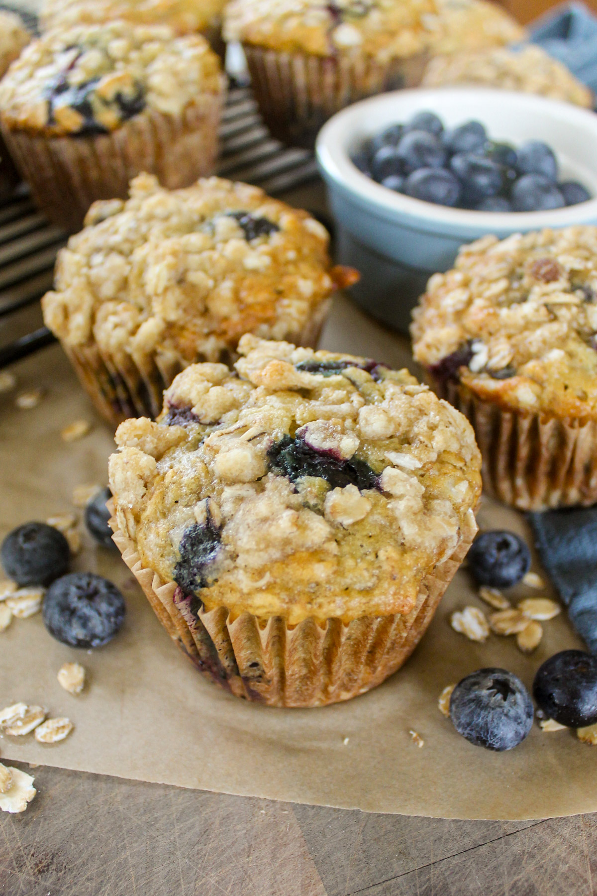 Blueberry Banana Oatmeal Muffins with crumble oat topping.