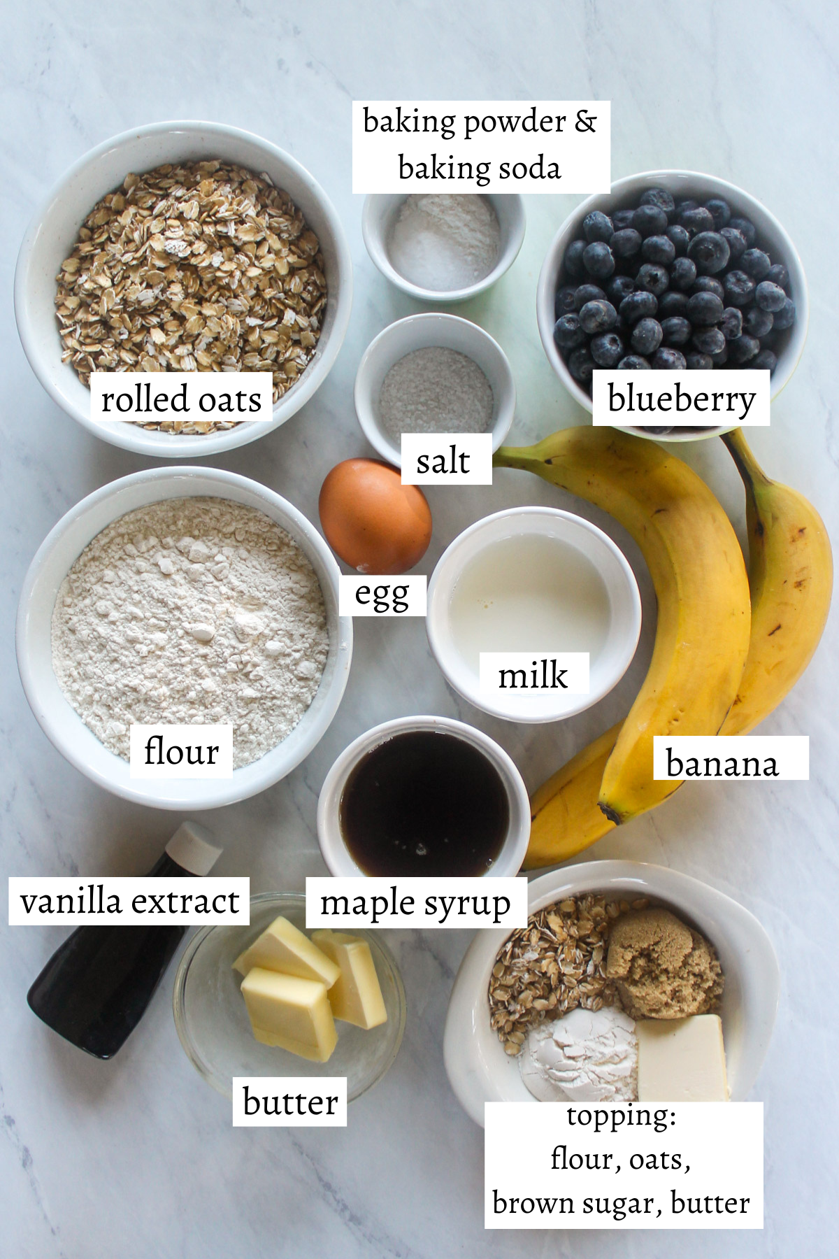 Labeled ingredients for blueberry banana oatmeal muffins.