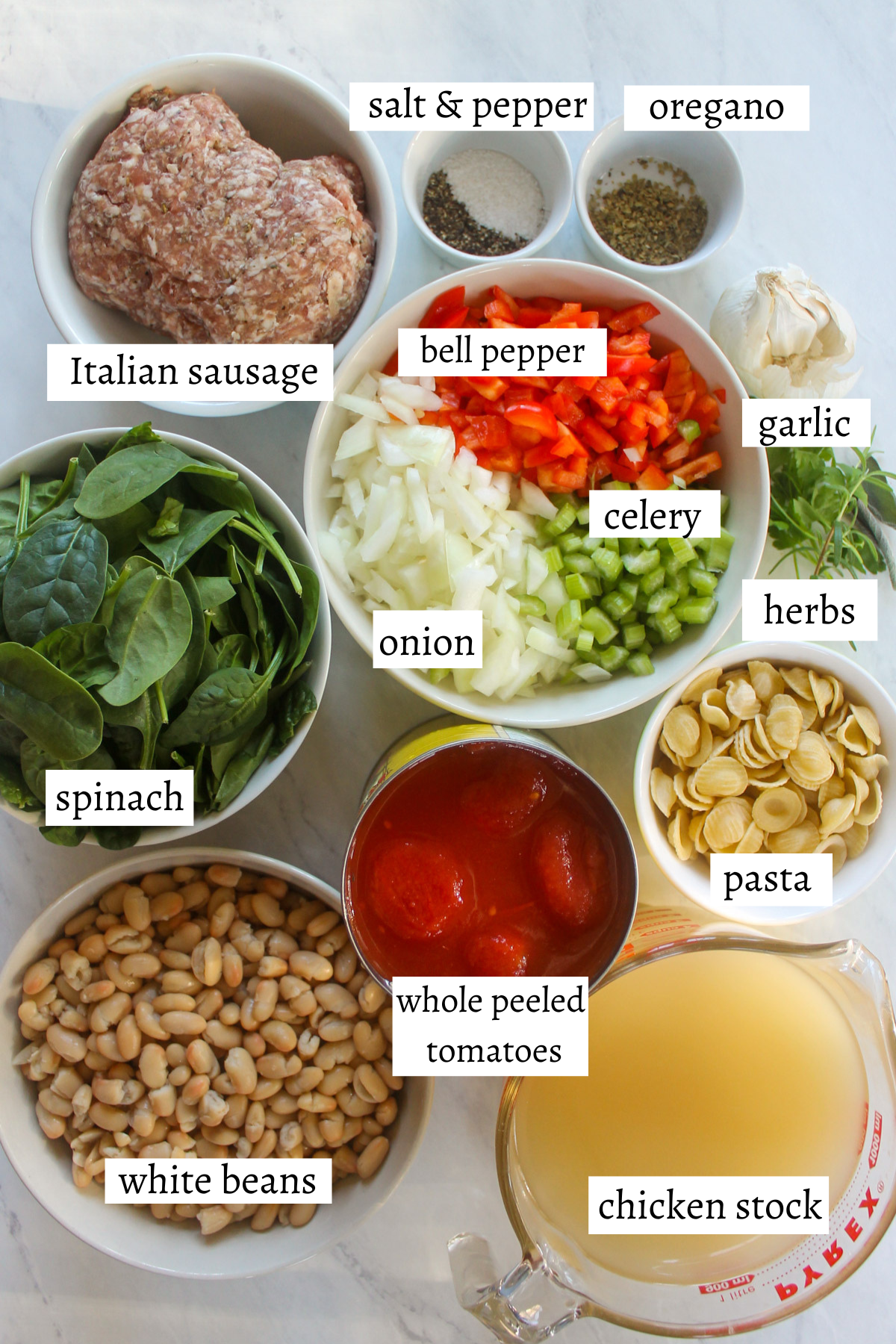 Labeled ingredients for Italian Sausage White Bean Soup with Pasta.