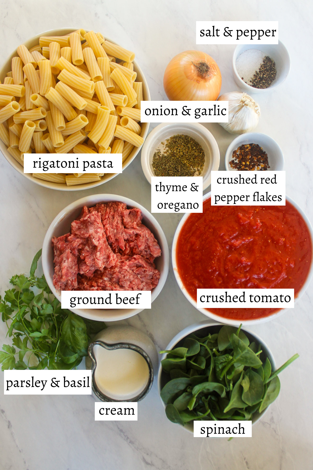 Labeled ingredients for Spicy Rigatoni with Meat Sauce.