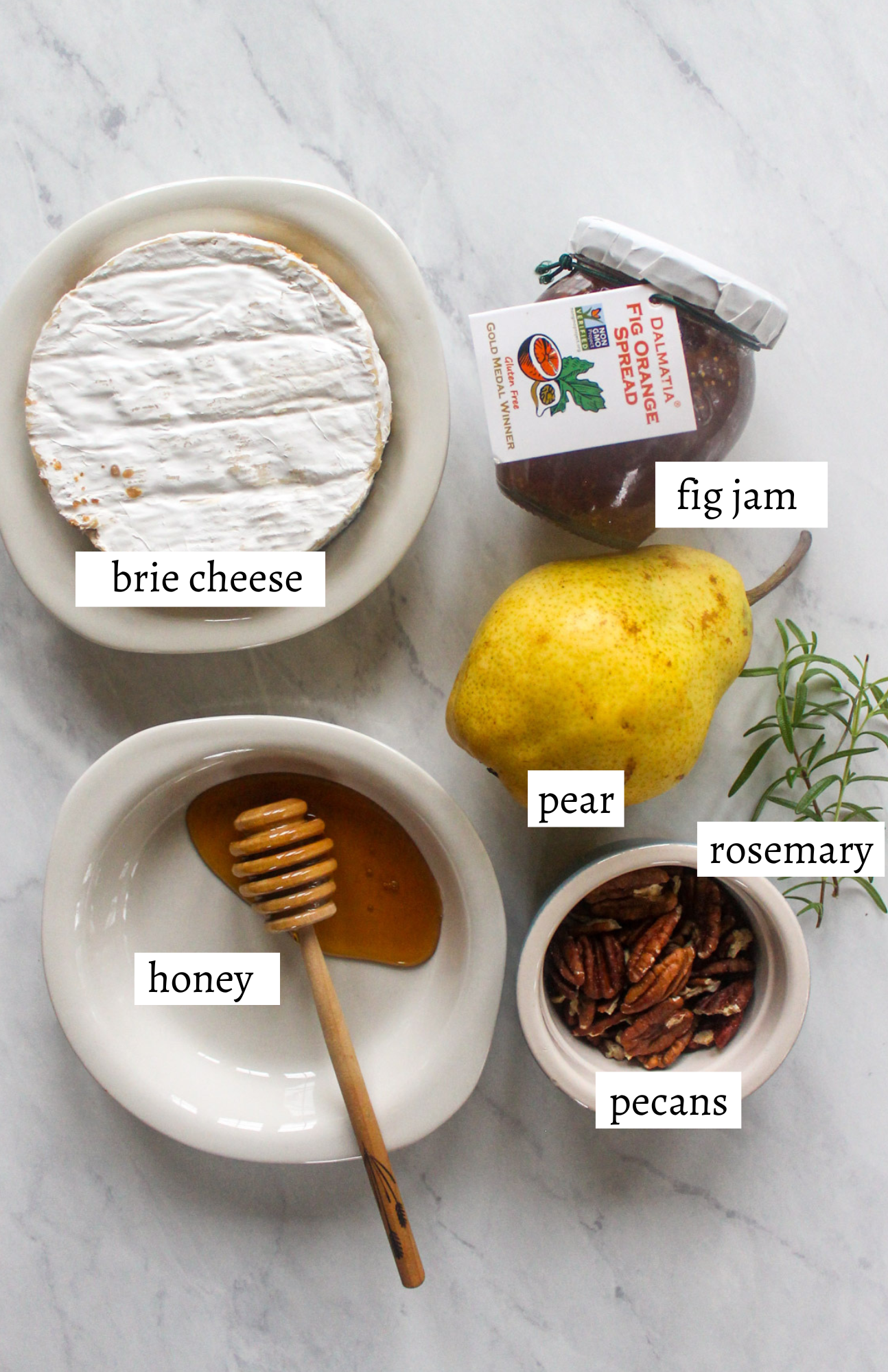 Labeled ingredients for Baked Brie with Pears and Fig Jam.