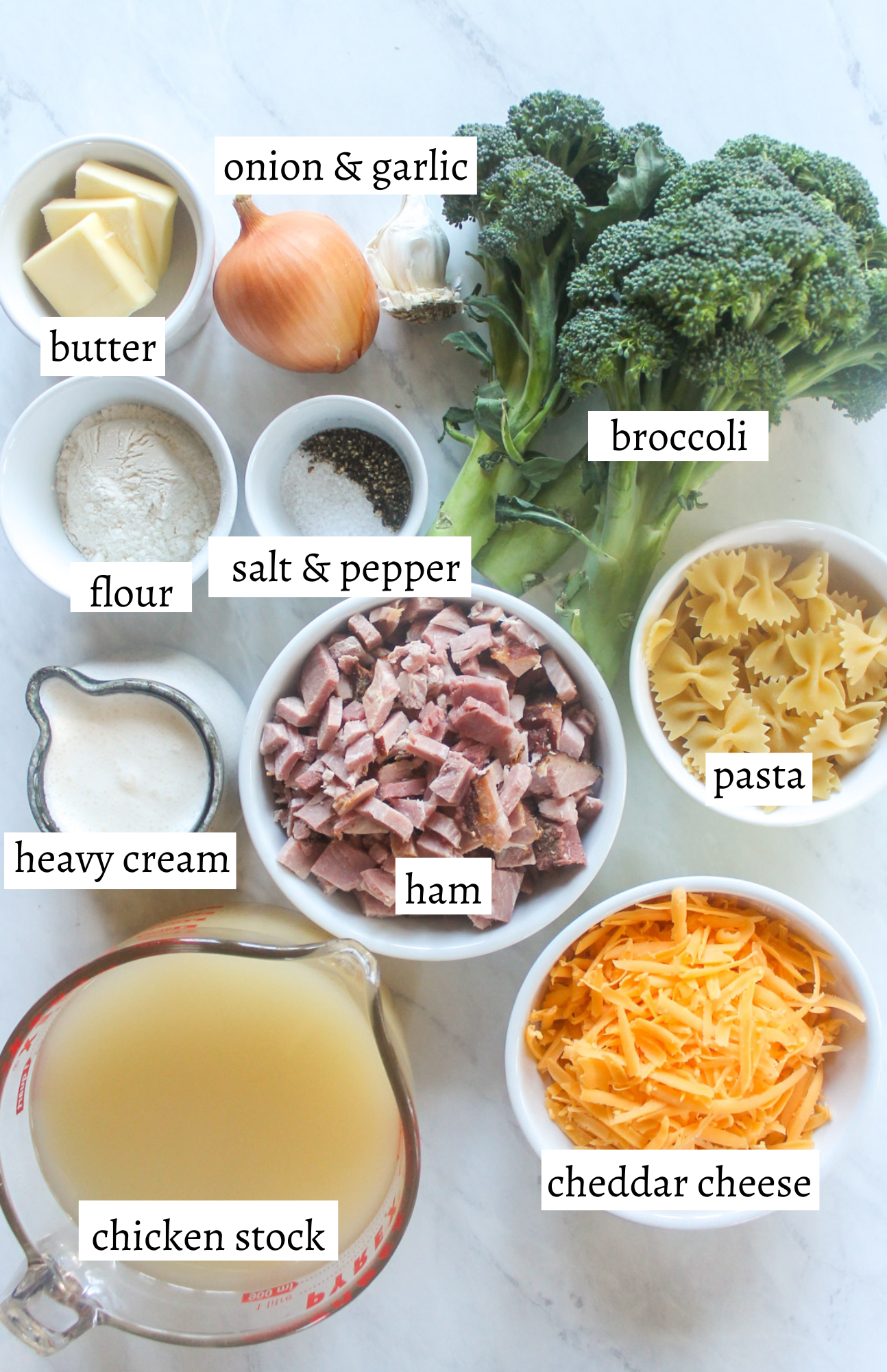 Labeled ingredients for Broccoli Cheddar Ham Soup.