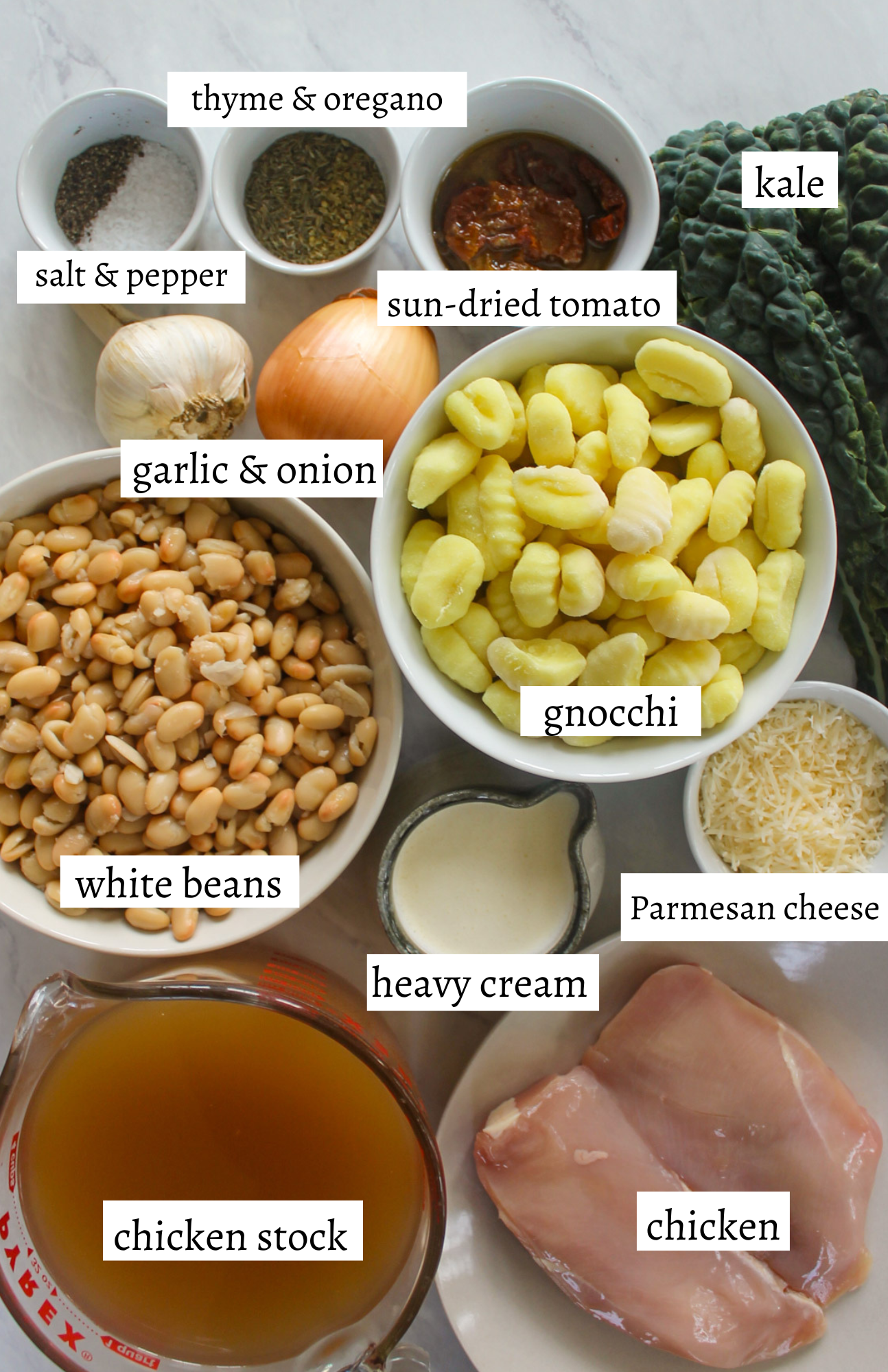 Labeled ingredients for Tuscan Chicken Gnocchi Soup.