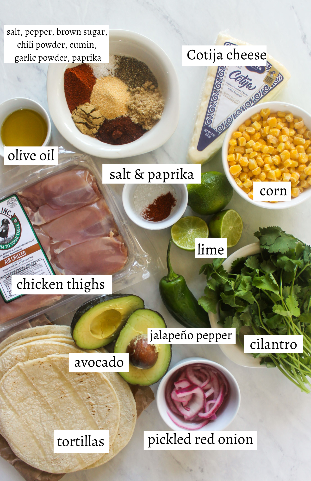 Labeled ingredients for Blackened Chicken Tacos with Cotija Corn Salsa.