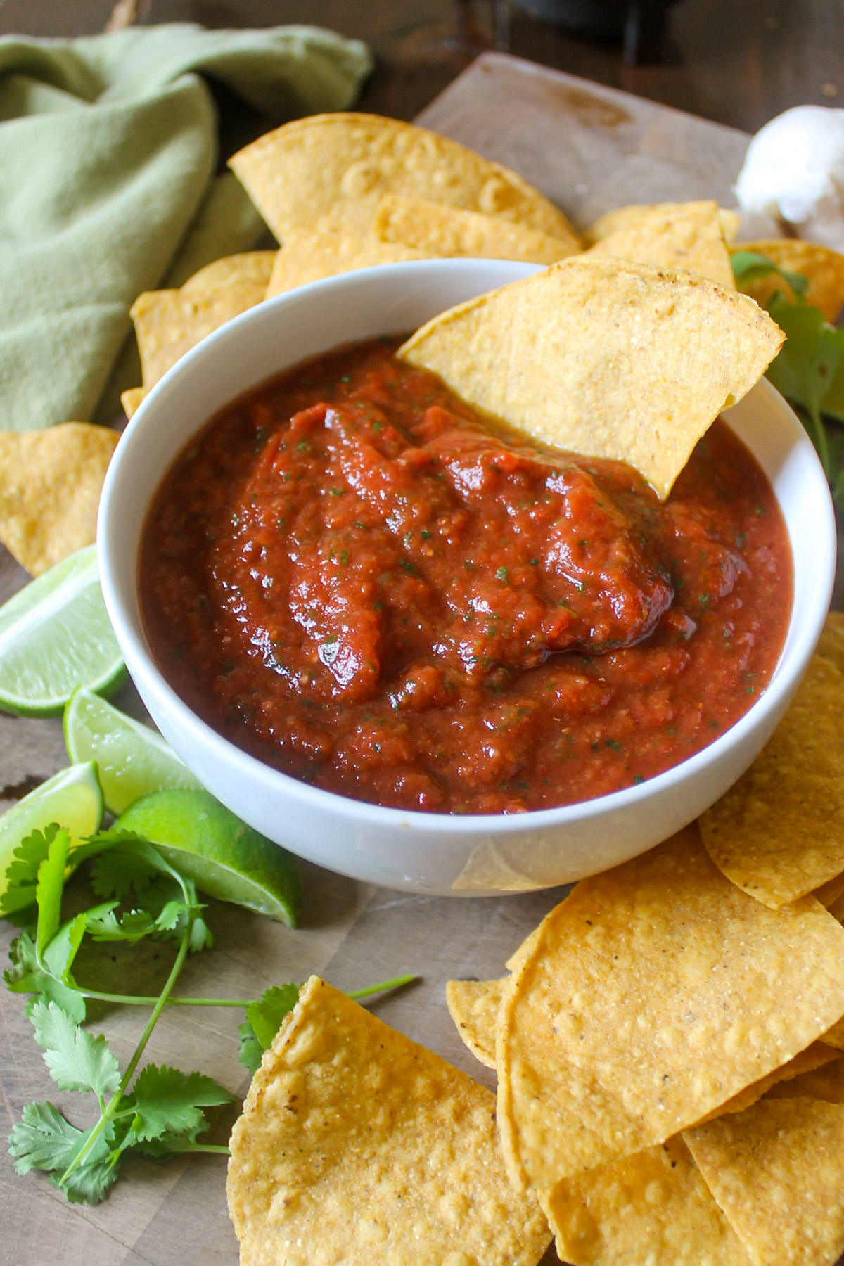 A bowl of Honey Chipotle Salsa with tortilla chips.