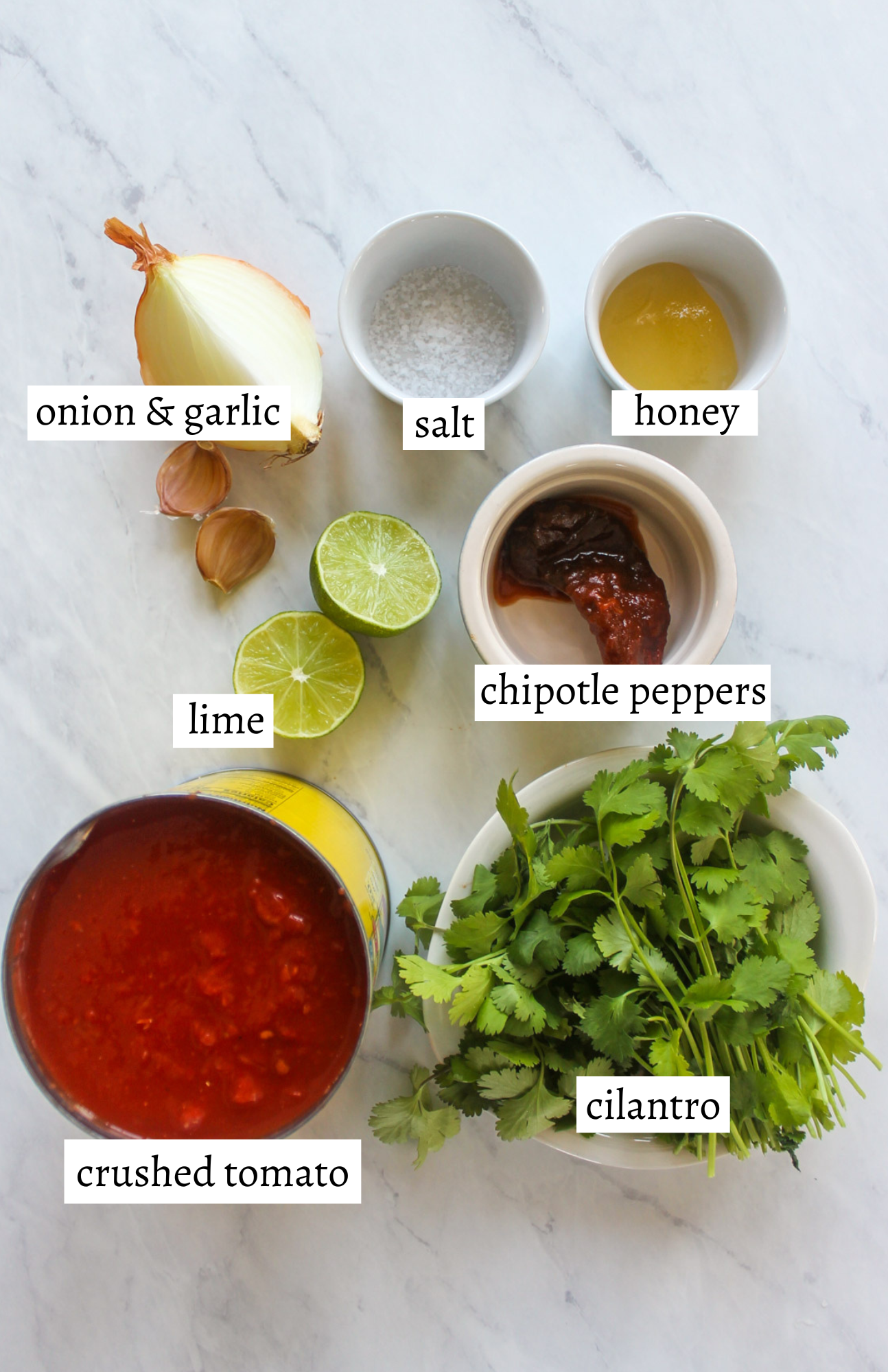 Labeled ingredients for Honey Chipotle Salsa.