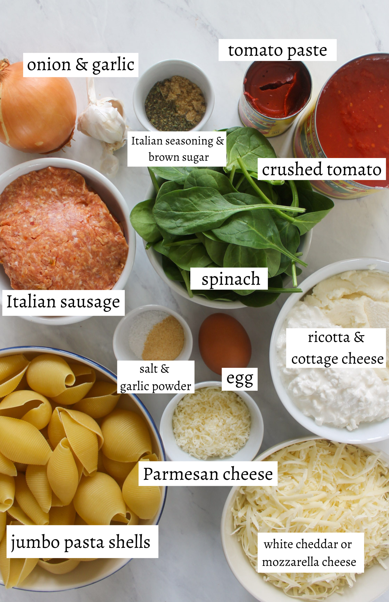 Labeled ingredients for Stuffed Shells with Sausage and Spinach Sauce.